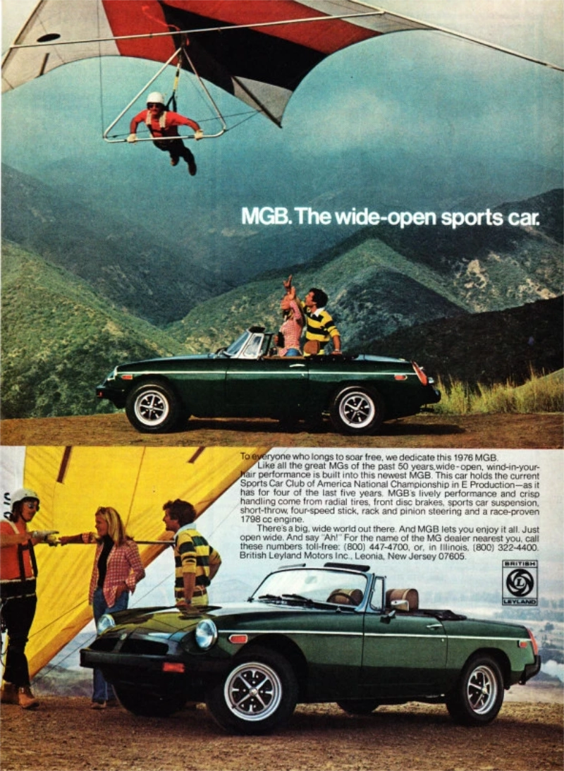 MGB vintage auto ad; wide open sports car